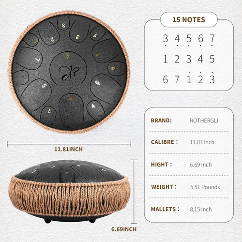 Miniatura 4 de Tambor de Lengua de Acero - 12 Pulgadas 15 Notas, Tambores de Lengua de Acero para Niños y Adultos, Handpan de Acero con Mazos, Hang Drum con Libro