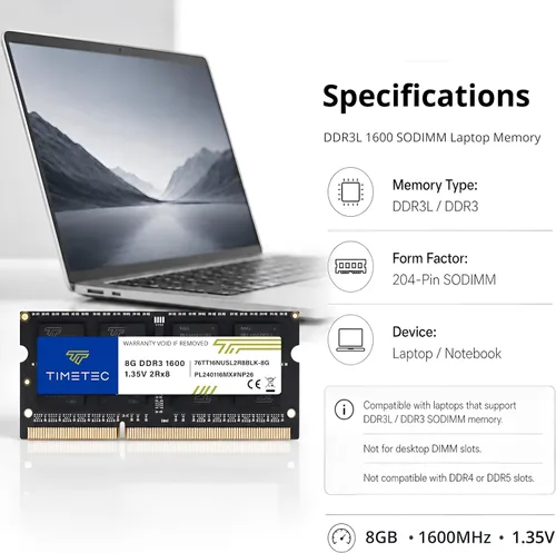 Miniatura 8 de Timetec Kit de 16 GB (2 x 8 GB) DDR3L / DDR3 1600 MHz (DDR3L-1600) PC3L-12800 / PC3-12800 no ECC sin búfer 1,35 V/1,5 V CL11 2 Rx8 204 pines SODIMM