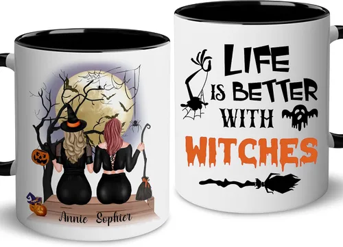 WHIDOBE Taza de café personalizada de Halloween (2 brujas), taza de café personalizada de 11 o 15 onzas para mujeres, hermana, mejor amiga, taza de