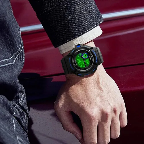 Miniatura 8 de Fanmis Reloj digital digital multifunción para hombre, electrónico, impermeable, con alarma, reloj deportivo de cuarzo, Azul Patchwork