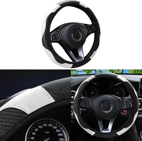 Miniatura 23 de Funda para volante de automóvil, microfibra de fibra de carbono de 15 pulgadas, antideslizante, transpirable, protector elástico para volante