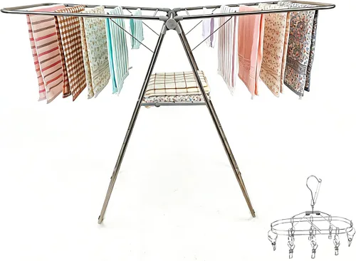 Miniatura 8 de Estante de secado de ropa, estantes plegables de 2 niveles para secar ropa, estante de secado de acero inoxidable plegable para interiores