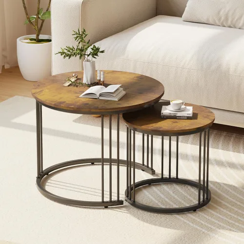 Garden 4 you Mesa de centro anidable, mesa auxiliar redonda de 23.6 pulgadas, juego de 2, mesa anidable de madera con marco de metal, mesas Ceter
