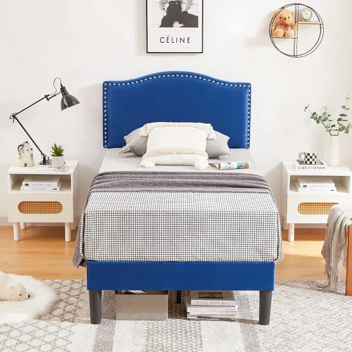 Miniatura 4 de VECELO Base de cama individual con cabecera tapizada, marco fuerte y soporte de listones de madera, fuerte capacidad de peso, antideslizante y sin