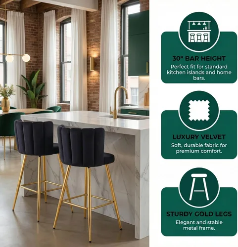 Miniatura 3 de Velvet Taburetes de Bar de 30" de Altura de Barra Juego de 2 Taburetes de Cocina Modernos Taburetes de Mostrador Tapizados con Patas Doradas