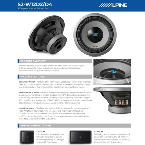 Miniatura 6 de Alpine S2-W12D2 - Subwoofer dual para automóvil de 2 ohmios de 12 pulgadas, 1800 W máximo, 600 W RMS