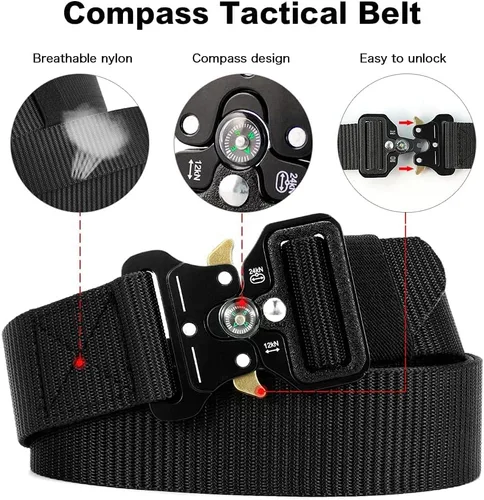Miniatura 3 de Cinturones Tácticos para Hombres Paquete de 4, Cinturón Web Militar con Brújula, Cinturón Rigger de Servicio Pesado con Hebilla de Metal