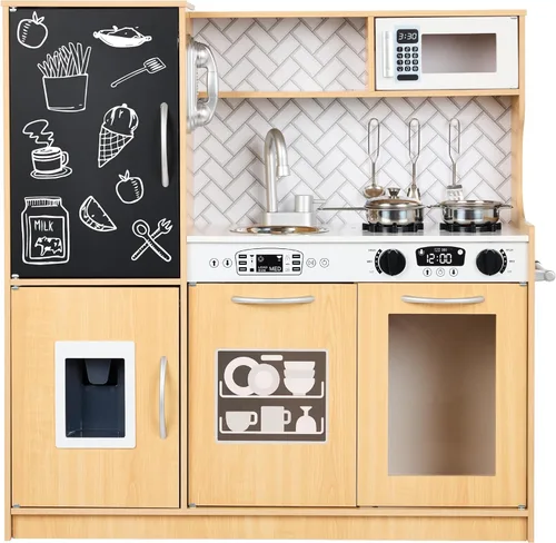Miniatura 10 de Best Choice Products Juego de juguetes de madera para niños con diseño realista, teléfono, utensilios, horno, microondas, fregadero - negro