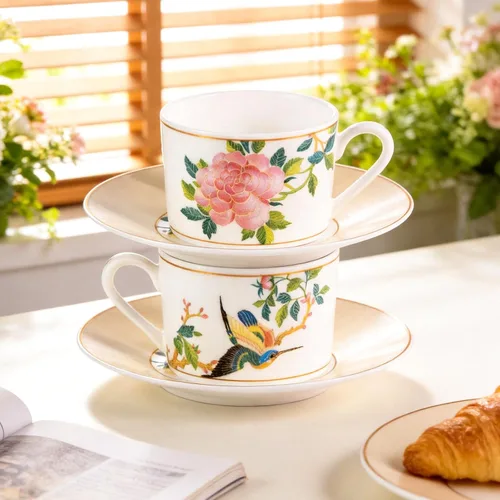 Miniatura 5 de KAMMAK Juego de 2 tazas de té y platillos, tazas de café de porcelana fina, tazas de café expreso apilables, demitasse de cerámica para café