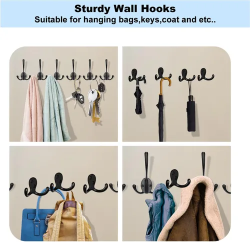 Miniatura 7 de Kruodop Paquete de 10 Ganchos de Pared Montados en Pared Ganchos para Abrigos para Colgar Resistentes, Ganchos Negros para Toallas, Colgador