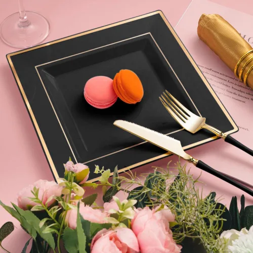 Miniatura 8 de BloominGoods 100 platos cuadrados desechables de plástico negro, paquete de 100 platos cuadrados de plástico de 6.5 y 10 pulgadas con borde dorado