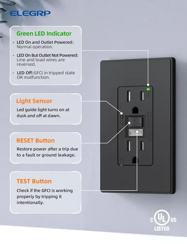 Miniatura 6 de ELEGRP Toma GFCI con luz nocturna, toma eléctrica GFI de autoprueba de 15 amperios, diseño más delgado, receptáculo GFCI resistente a manipulación