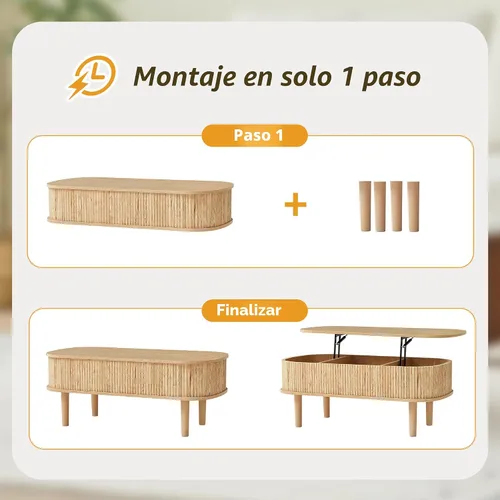 Miniatura 3 de Mesa de centro con parte superior acanalada totalmente montada con compartimento oculto, mesa central de madera, moderna mesa de elevación ovalada