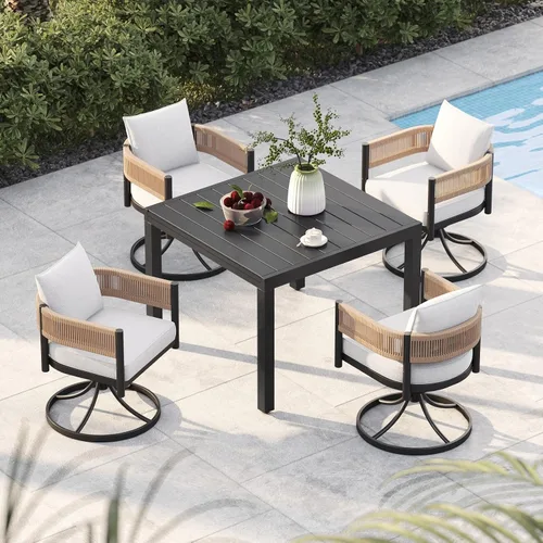 Miniatura 22 de Juego de comedor al aire libre Grand Patio de 5 piezas para 4, sillas de patio fijas de mimbre tejido metálico con cojines engrosados y 1 mesa