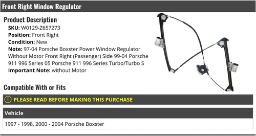 Marketplace Auto Parts Elevalunas eléctrico delantero derecho del lado del pasajero sin motor, compatible con Porsche Boxster 1997-1998, 2000-2004