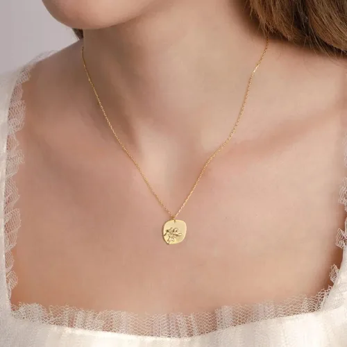 Miniatura 3 de Fremttly - Collar con dije de moneda ovalada con flor de 12 meses de nacimiento, collar de oro real de 14 quilates, delicada, regalo personalizado