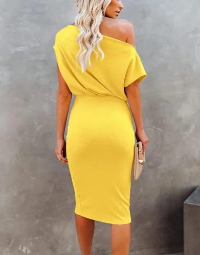 Miniatura 3 de Ezbelle Vestido por debajo de la rodilla, ajustado, para mujer, con hombro descubierto y manga corta, vestido acanalado informal y de fiesta
