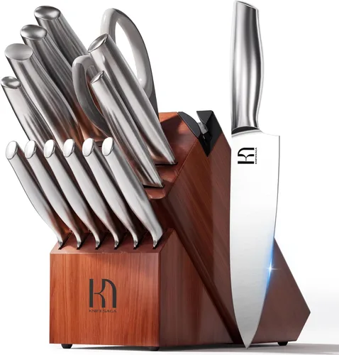 KnifeSaga Juego de cuchillos de acero inoxidable japonés de alto carbono, 14 piezas, juego de cuchillos de cocina con afilador integrado y bloque de