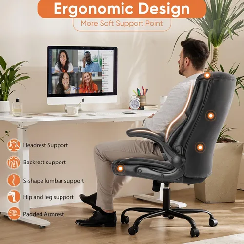 Miniatura 5 de Sweetcrispy Silla ergonómica para juegos de computadora, respaldo alto, sillas de oficina con ruedas, brazos abatibles, altura ajustable, piel