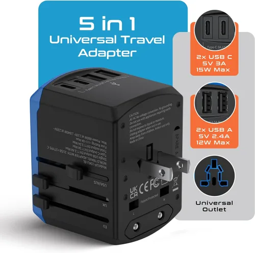 Miniatura 2 de Ceptics Adaptador de viaje universal, cargador universal 5 en 1 para laptop con 2 puertos USB-A y USB-C 3.5A para móviles, portátiles, cámaras