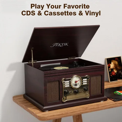 Miniatura 7 de FEKTIK Tocadiscos Bluetooth 10 en 1, tocadiscos de 3 velocidades con altavoces, entrada y salida Bluetooth, CD, casete, radio FM, transmisión