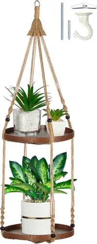Miniatura 10 de Colgador de macramé de 2 niveles Colgador de plantas para interiores, maceta colgante Estante para macetas colgantes (beige)