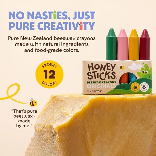 Miniatura 2 de Honeysticks - Ceras de cera de abejas 100 % pura (12 unidades) - Ceras no tóxicas para niños pequeños de 1 a 3 años, seguras para bebés a partir