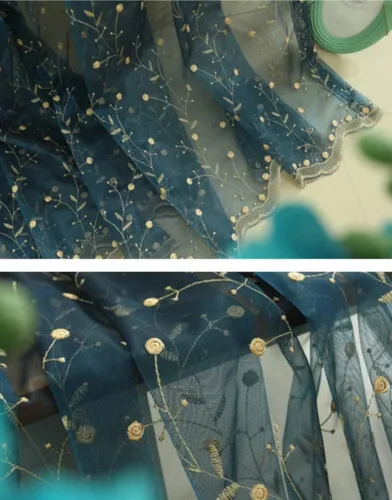 Cortinas traslúcidas azules bordadas con estampado floral, cortinas con bolsillo para barra, cortinas para sala de estar o dormitorio, juego de 2