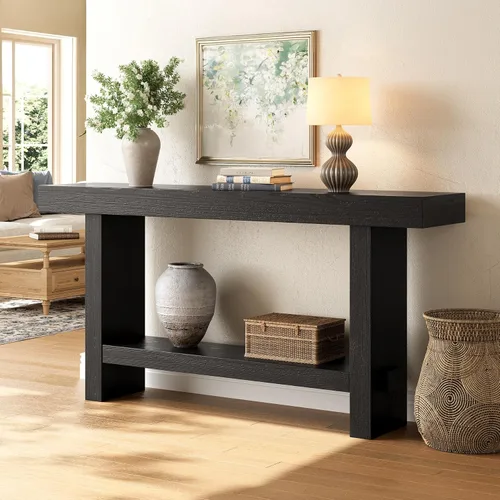Miniatura 9 de Mesa consola de madera maciza de 63 pulgadas, mesa de entrada estrecha de 2 niveles para pasillo, entrada, sala de estar, detrás del sofá
