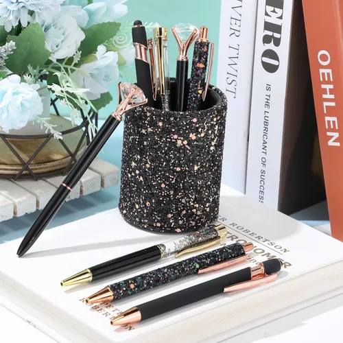 Miniatura 4 de Sabary 8 bolígrafos negros con soporte para bolígrafo para escritorio, con purpurina, diamantes de cristal, bonito soporte para lápices, organizador