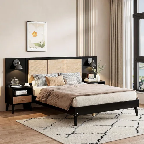 Miniatura 4 de Harper & Bright Designs Cama de plataforma tamaño Queen con 2 mesitas de noche y 2 lámparas, cama Queen de madera con cabecero, combinación de ratán