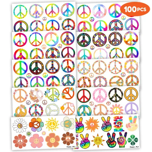 Miniatura 3 de 100 piezas de tatuajes temporales hippie de paz y amor, decoración de fiesta de cumpleaños, suministros de decoración, letrero de la paz teñido
