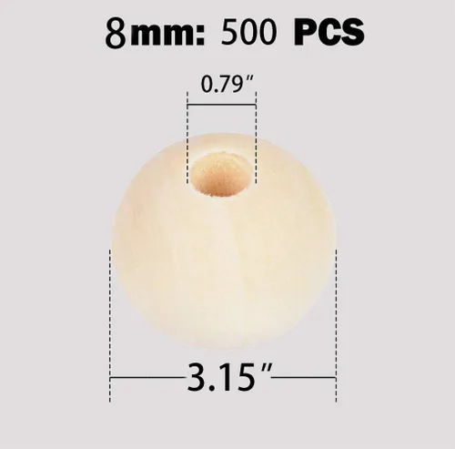 Miniatura 2 de 500 piezas de cuentas de madera de 8 mm, cuentas de madera natural sin pintar, cuentas de madera sueltas para manualidades, decoraciones y bricolaje