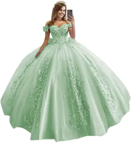 Loyeloy Vestidos de quinceañera con hombros descubiertos para niñas, vestidos de fiesta hinchados con flores 3D para adolescentes, vestidos de