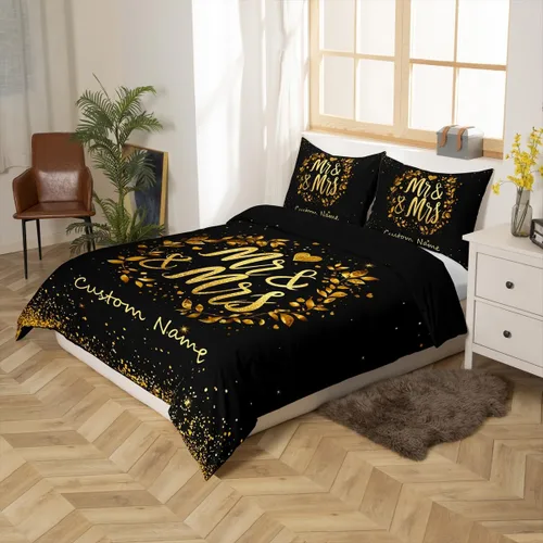 Miniatura 6 de Juego de ropa de cama personalizado con lentejuelas negras y doradas, funda de edredón de corazón dorado con purpurina para mujeres y hombres