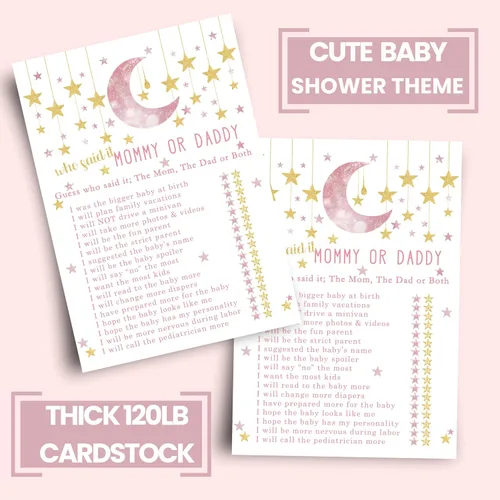 Miniatura 4 de Paper Clever Party Twinkle Little Star - Juego de baby shower para niñas, 25 tarjetas de juego de Adivina quién mamá o papá, divertidas actividades