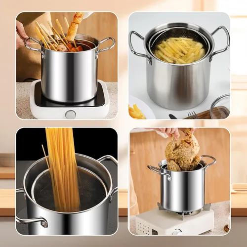 Miniatura 6 de Olla freidora profunda de 3.5L con desagüe para goteo de aceite, olla freidora de acero inoxidable con tapa y cesta, olla para freír en profundidad