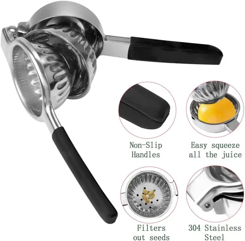 Miniatura 3 de Exprimidor de limón de acero inoxidable, exprimidor de limón y frutas con asas de silicona, exprimidor manual grande de cítricos Negro