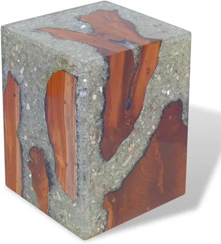 Miniatura 6 de Taburete de madera maciza de teca y resina, taburete de tocón de árbol con borde vivo, mesa auxiliar de borde natural, soporte para plantas, mesita