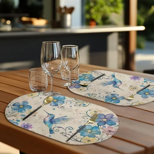 Miniatura 2 de Blue Flower Dining Table Mats Set of 2 Hummingbird Heat Resistant Placemats Washable and Wipeable Non Slip Place Mat, Waterproof Modern Dining Table