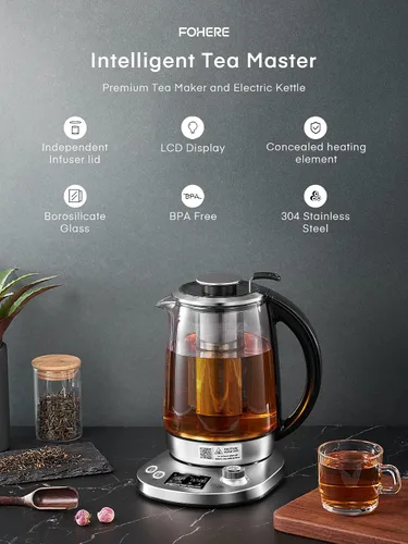Miniatura 4 de Hervidor de té eléctrico, hervidor de vidrio con 9 ajustes preestablecidos de control de temperatura, tetera de 1200 W con infusor extraíble, 2