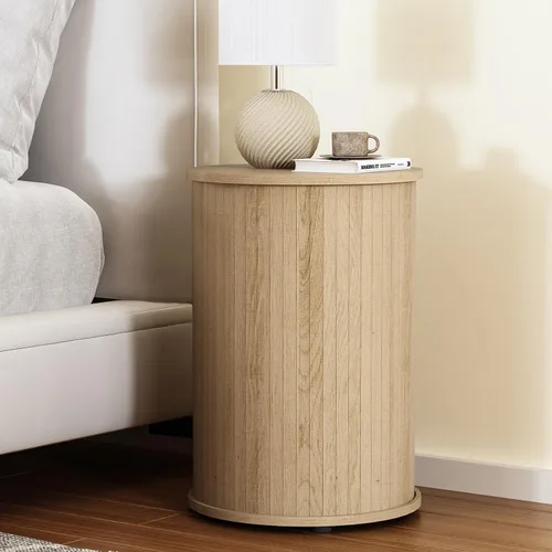 Miniatura 7 de Mesa auxiliar redonda acanalada para sala de estar, moderna mesa auxiliar de madera para sofás y sofás para espacios pequeños, mesa de noche de 21.9