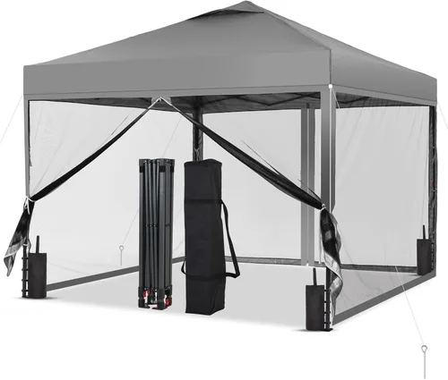 Miniatura 14 de GDY Tienda de campaña desplegable de 10 x 10 pies, gazebo para exteriores con 4 bolsas de arena, toldo fácil de instalar con 3 alturas ajustables