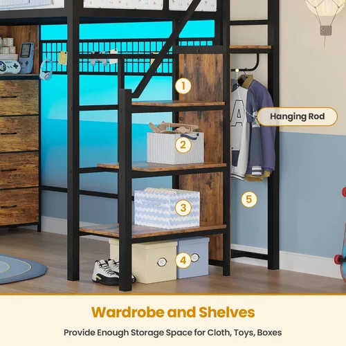 Miniatura 6 de ADORNEVE - Cama tipo loft tamaño individual con escaleras de almacenamiento, 8 cajones, cama tipo loft de metal para niños tamaño individual