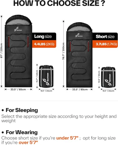 Miniatura 6 de Sportneer Saco de dormir portátil para adultos y niños - Caminable con cremalleras en los brazos, clima cálido e impermeable frío, compacto