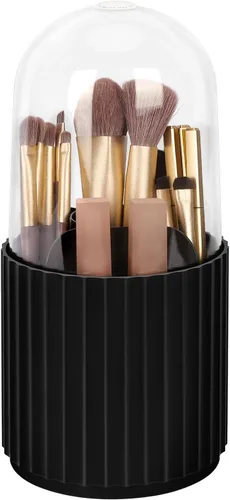 JessLab Organizador de brochas de maquillaje con tapa, soporte giratorio de 360 grados para cosméticos para encimera de tocador de baño, color negro