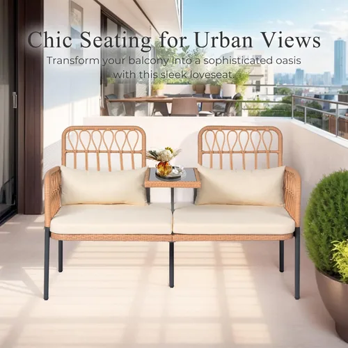 Miniatura 8 de PROHIKER Muebles de Patio Exterior Sofá de Amor de Ratán de 2 Asientos con Mesa Integrada, Almohadas Lumbares y Cojines, Sofá de Amor de Mimbre