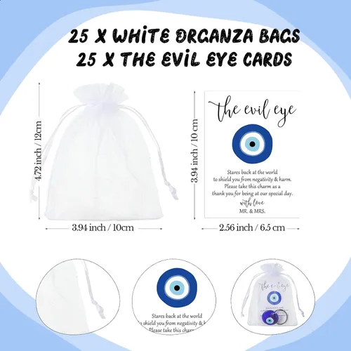 Miniatura 3 de Ferreve Juego de 25 regalos de boda para invitados, llavero azul de ojo malvado para buena suerte, tarjetas de deseos de boda, bolsas de organza