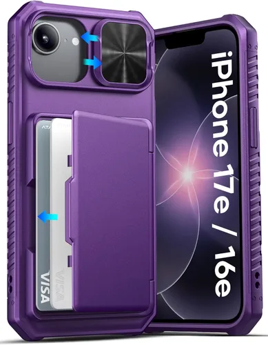 ATATOO Funda para iPhone 16e, tarjetero integrado (almacena 3-5 tarjetas) y cubierta de cámara deslizante y bloqueo RFID, protección de grado