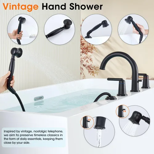 Miniatura 5 de WT-9808BK WT-9808BK - Kit de ajuste para grifo de bañera con ducha de mano y válvula de montaje en cubierta de 4 agujeros de alto flujo clásico